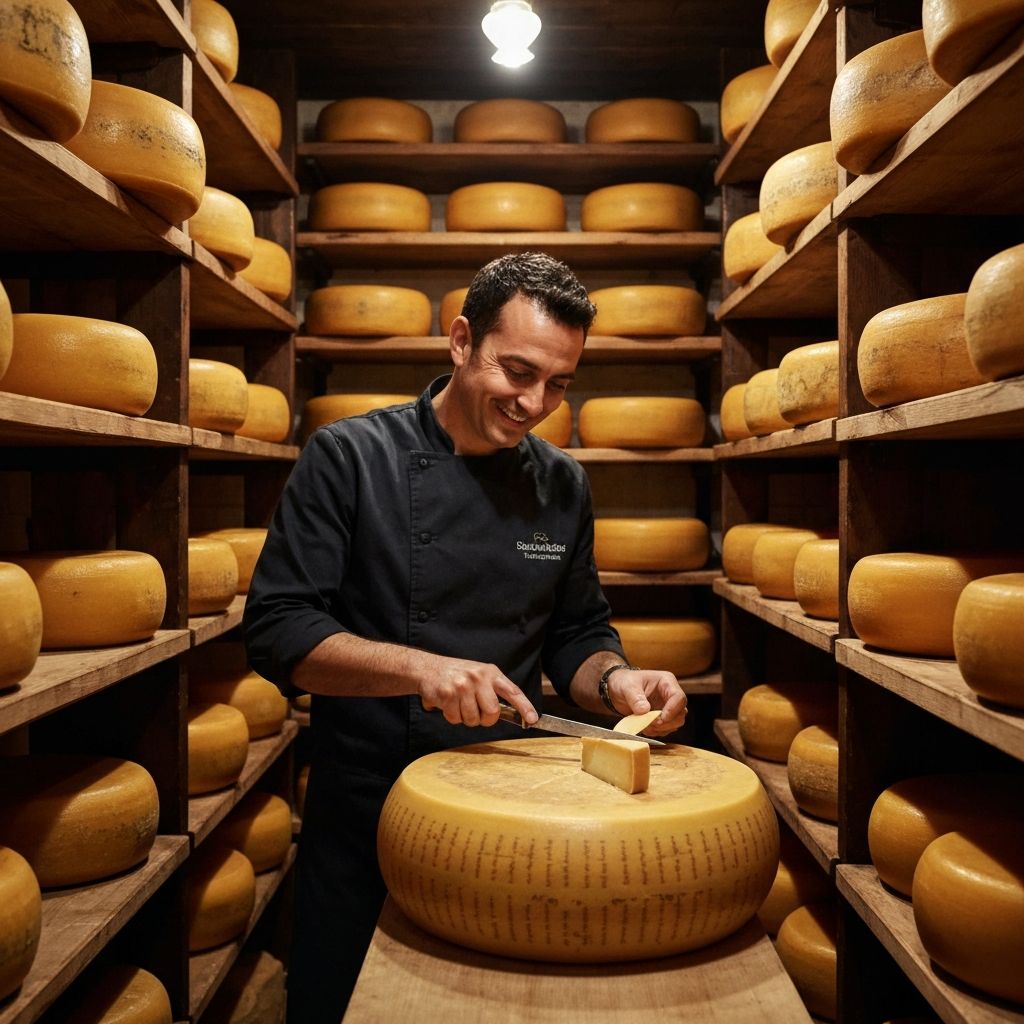 Ekspert serowarstwa oceniający dojrzewający ser w tradycyjnej piwnicy